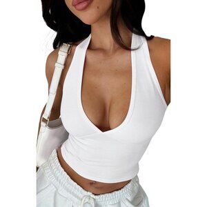 Women's Backless Crop Top Halter V Neck Slim Fit Summer Sleeveless